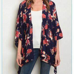 Peach Love California Navy Floral Kimono Cardigan | 3/4 Sleeve Open Front Wrap